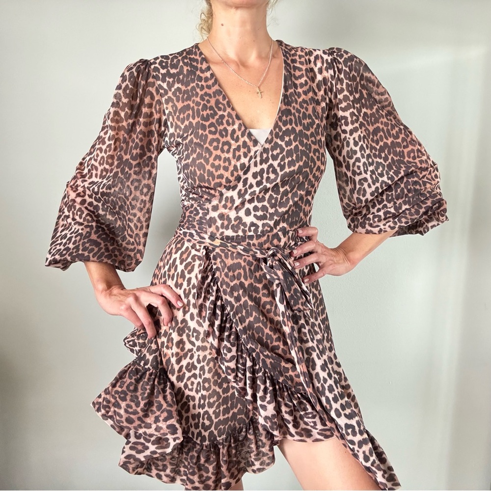 Ganni Animal Print Mesh Mini Wrap Dress Size Small 38 (M)